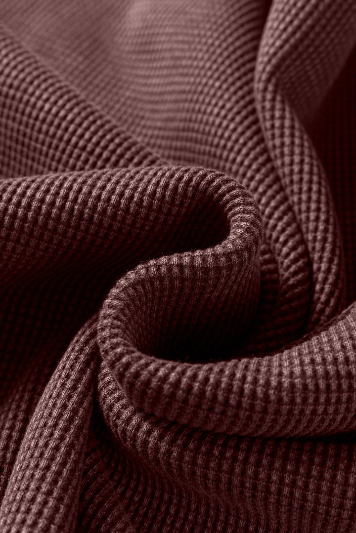 Dark Brown Waffle Knit Patchwork Long Sleeve Loose Top