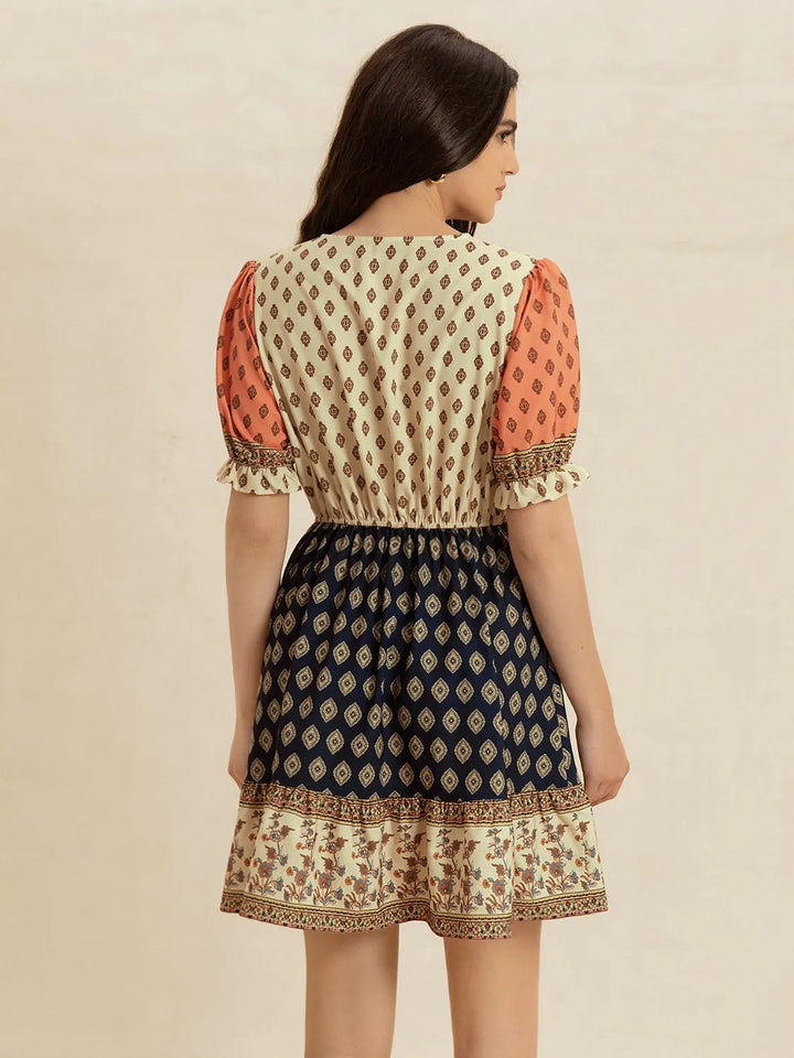 Printed V-Neck Short Sleeve Dress