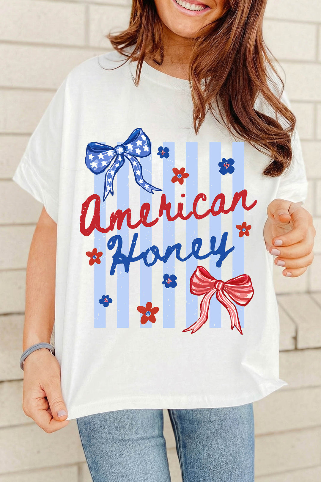 White American Honey Bow Flower Striped Graphic Tee