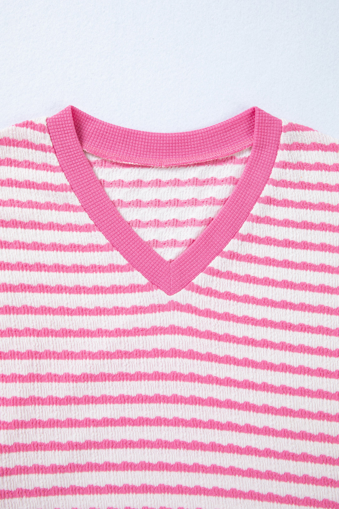Pink Stripe Textured Knit Contrast Trim V Neck Short Sleeve Top