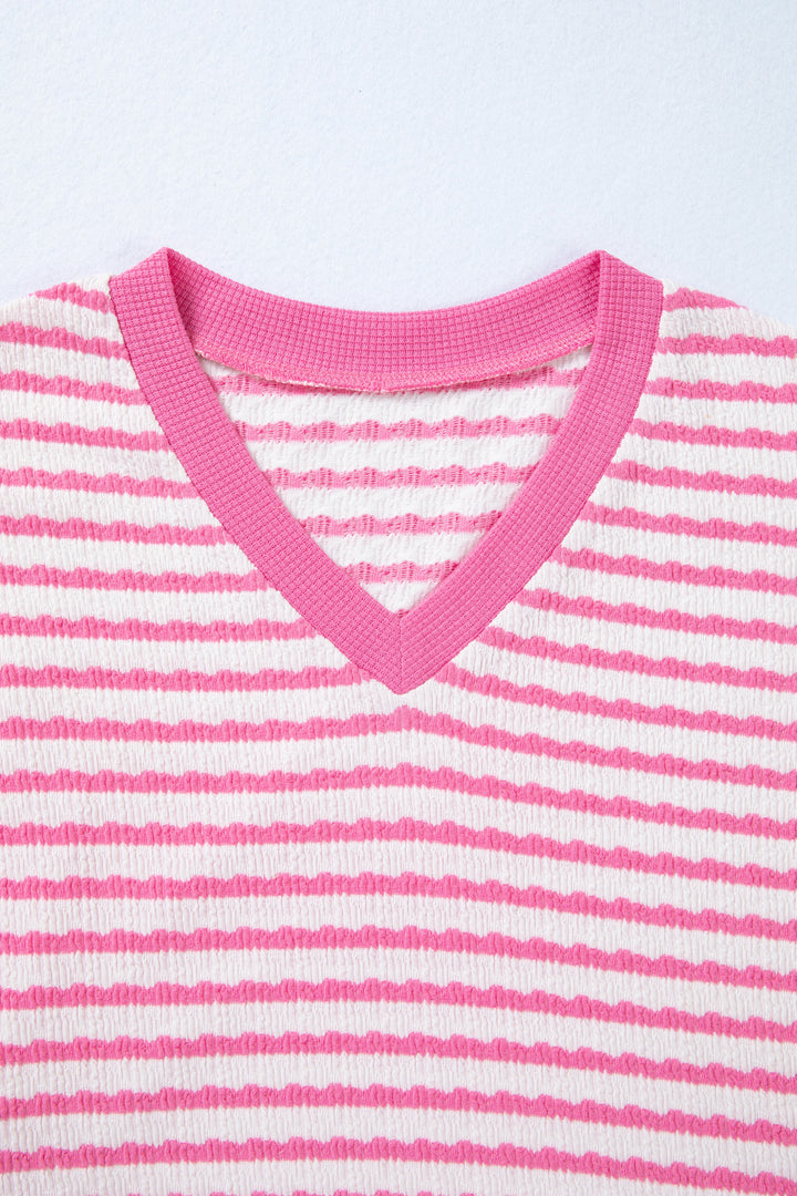 Pink Stripe Textured Knit Contrast Trim V Neck Short Sleeve Top