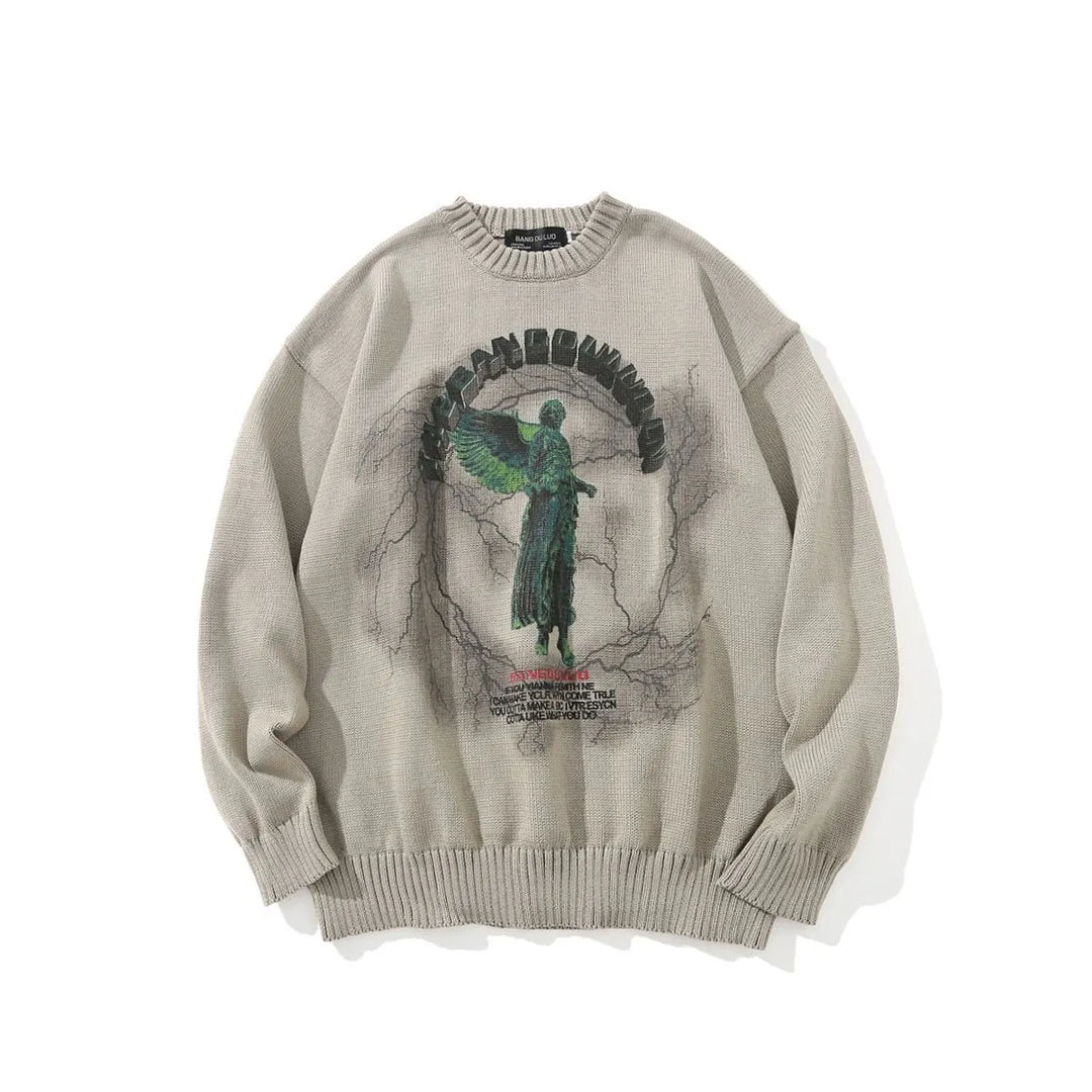 Men's Gothic Angel Wings Embroidered Knit Sweater