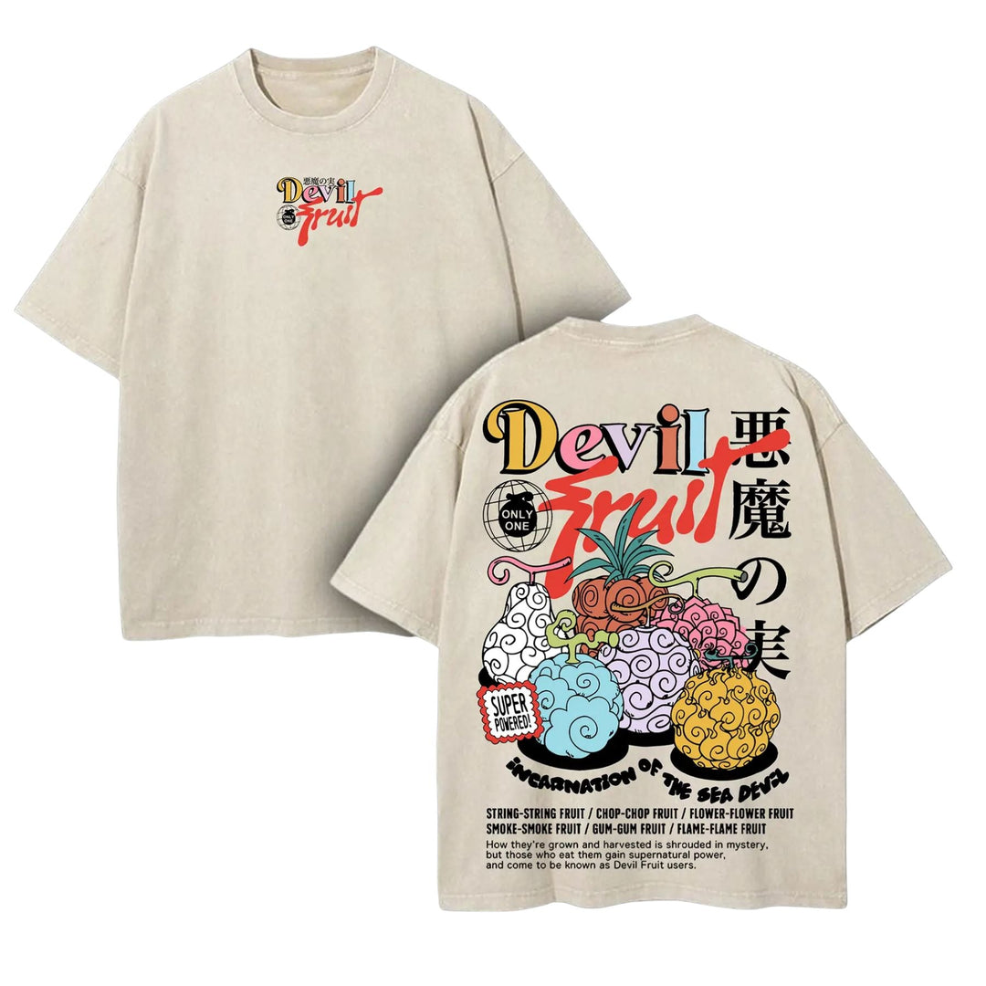 Devil Fruit One Piece Washed Tee – Vintage Manga Graphic Shirt, Oversized Streetwear