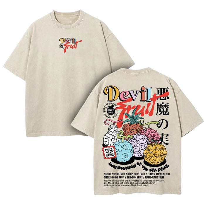 Devil Fruit One Piece Washed Tee – Vintage Manga Graphic Shirt, Oversized Streetwear