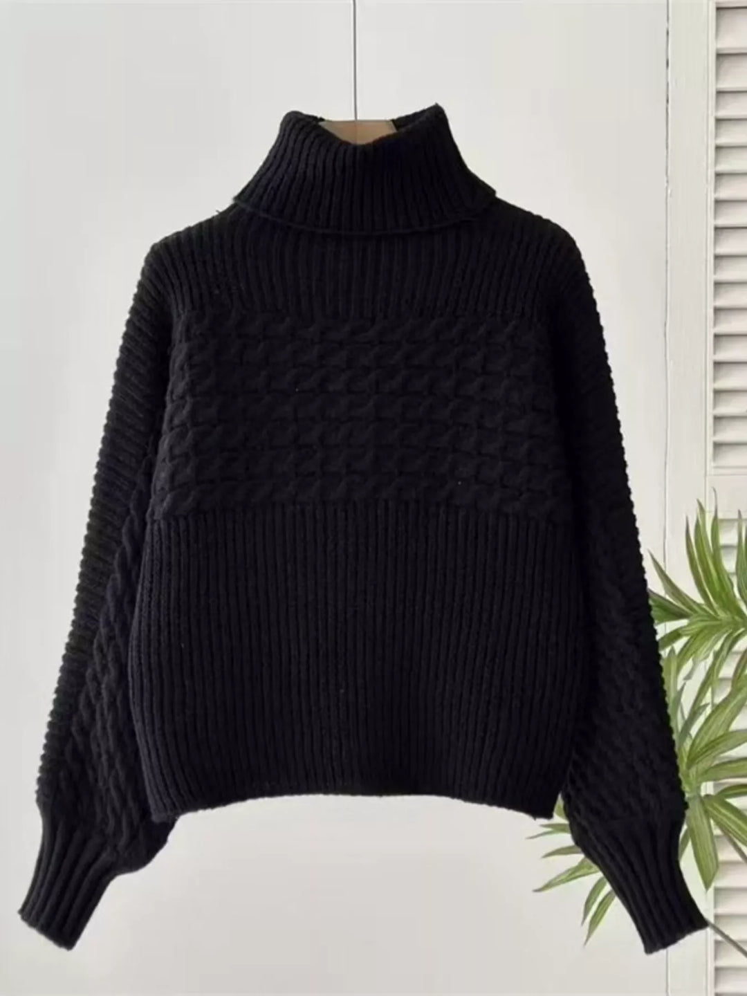 Textured Knit Turtleneck Long Sleeve Sweater