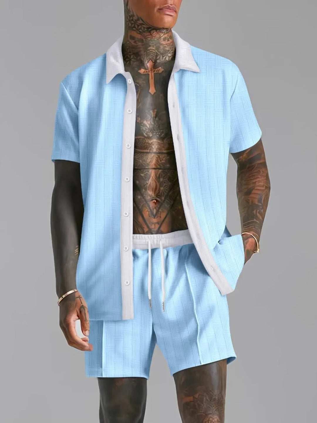 Men's Full Size Collared Neck Short Sleeve Top and Shorts Set Plus Size
