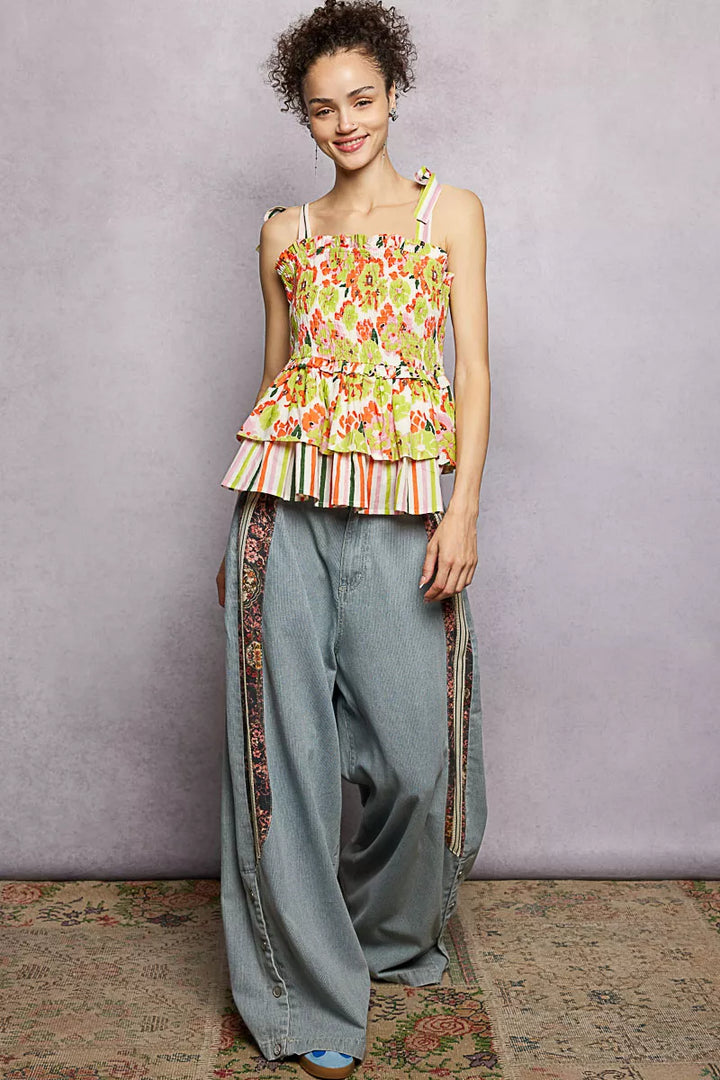 POL Floral Smocked Ruffled Cami with Tie Shoulder Straps