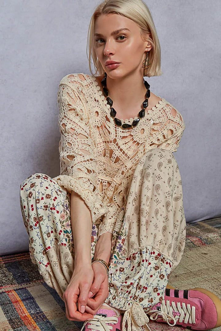 POL Round Neck Weave Knit Pattern Cropped Cover Up