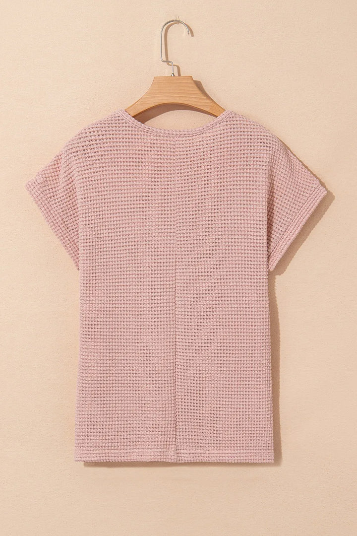 Lace Patchwork Waffle Short Sleeve Knit Top