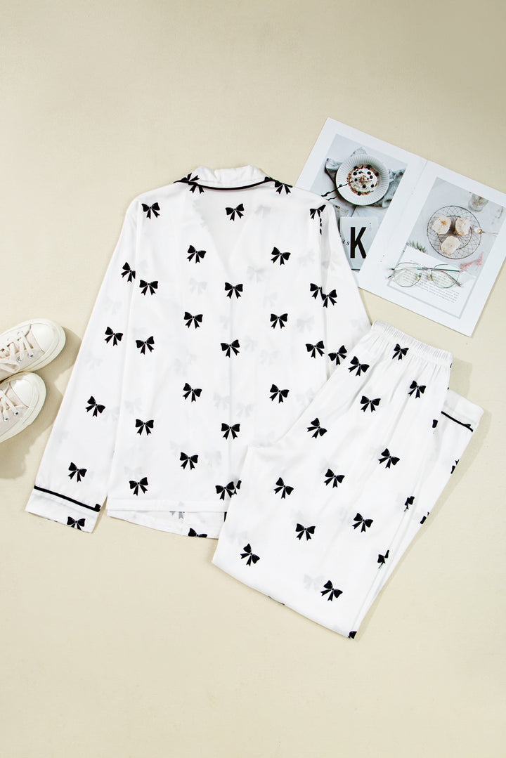 White Bows Print Two Piece Sleepwear