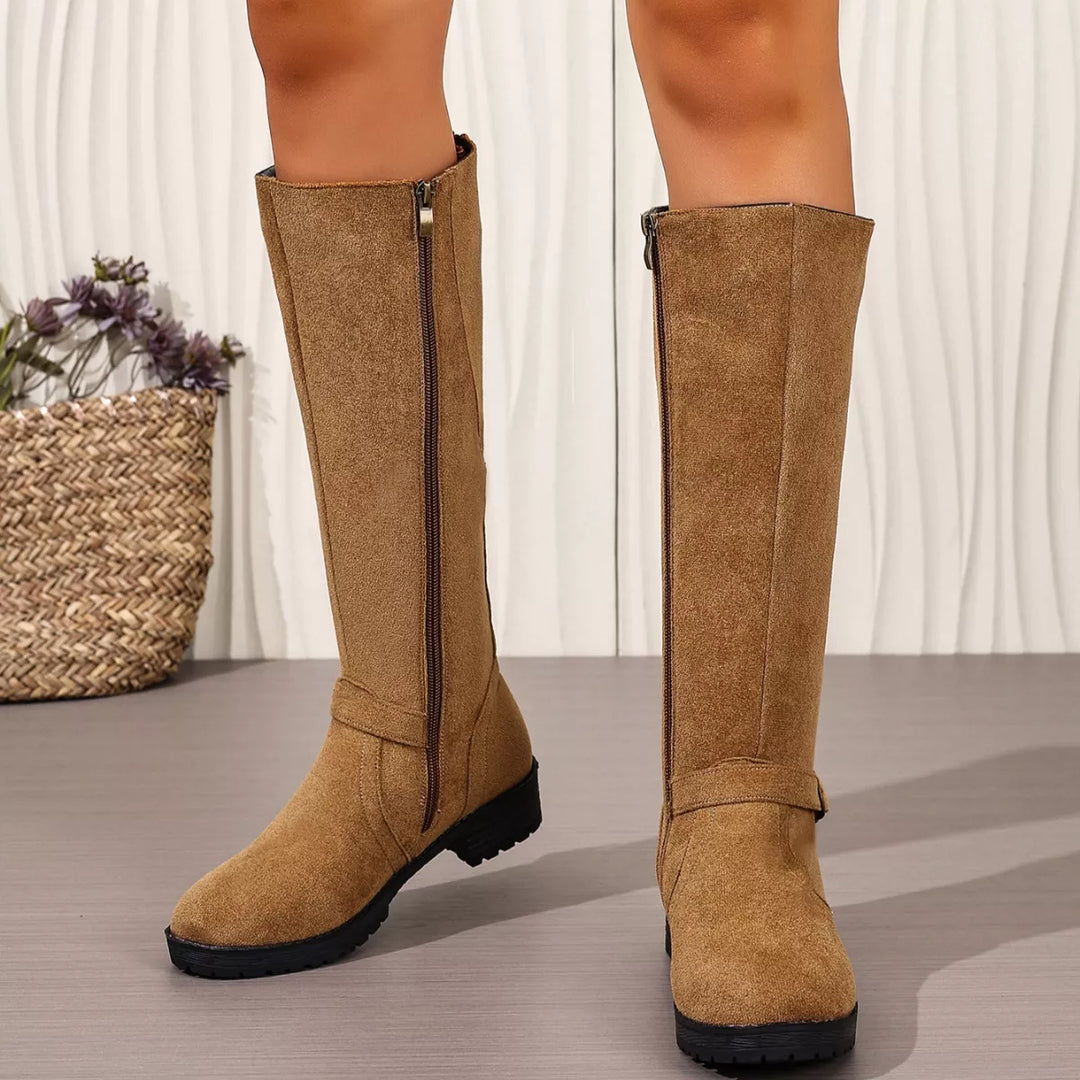 Knee-High Suede Buckle Accent Boots