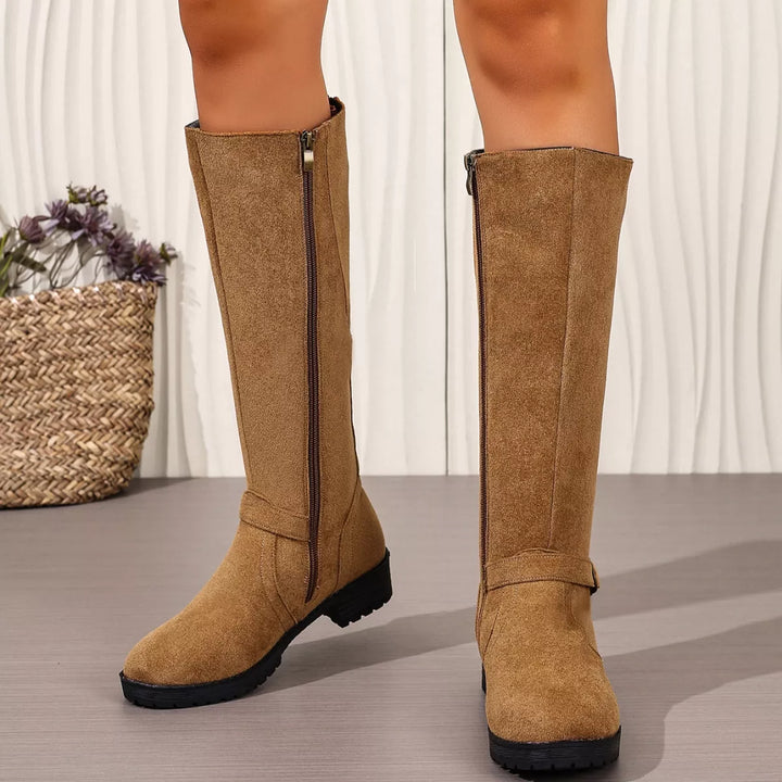 Knee-High Suede Buckle Accent Boots