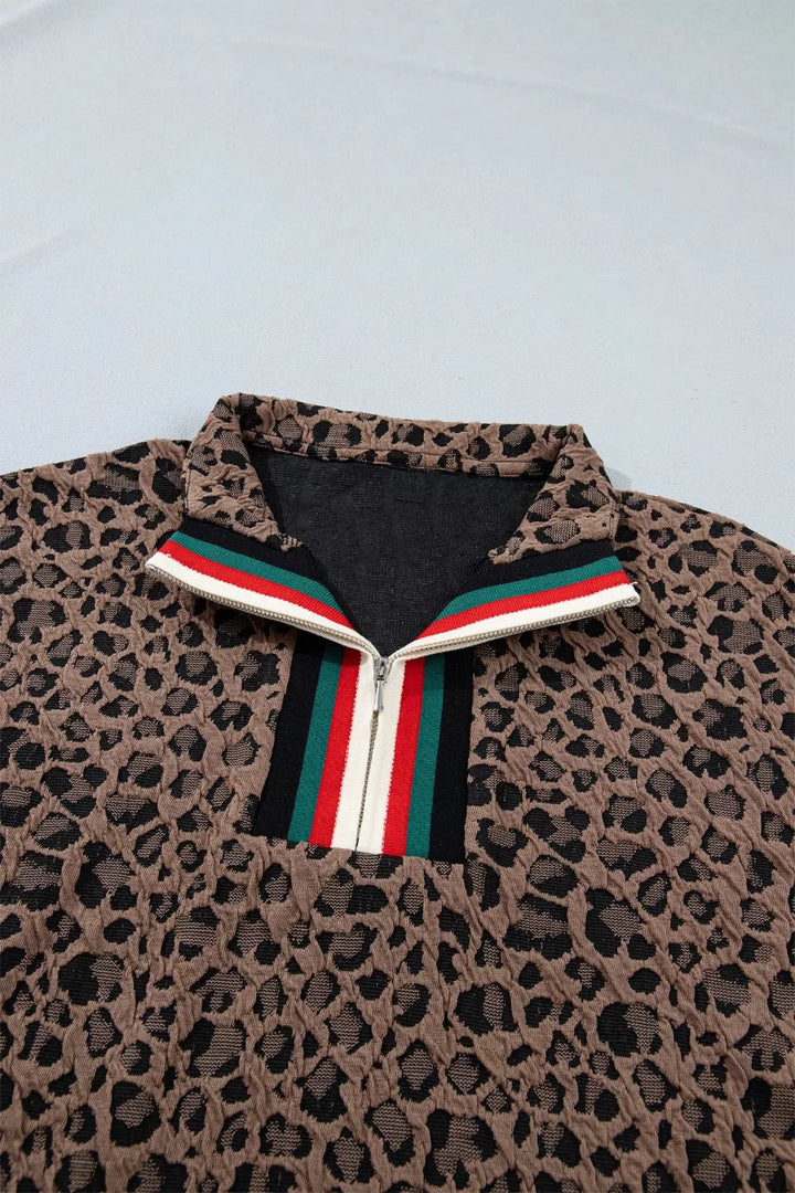 Leopard Jacquard Striped Patchwork Half Zip Short Sleeve Blouse