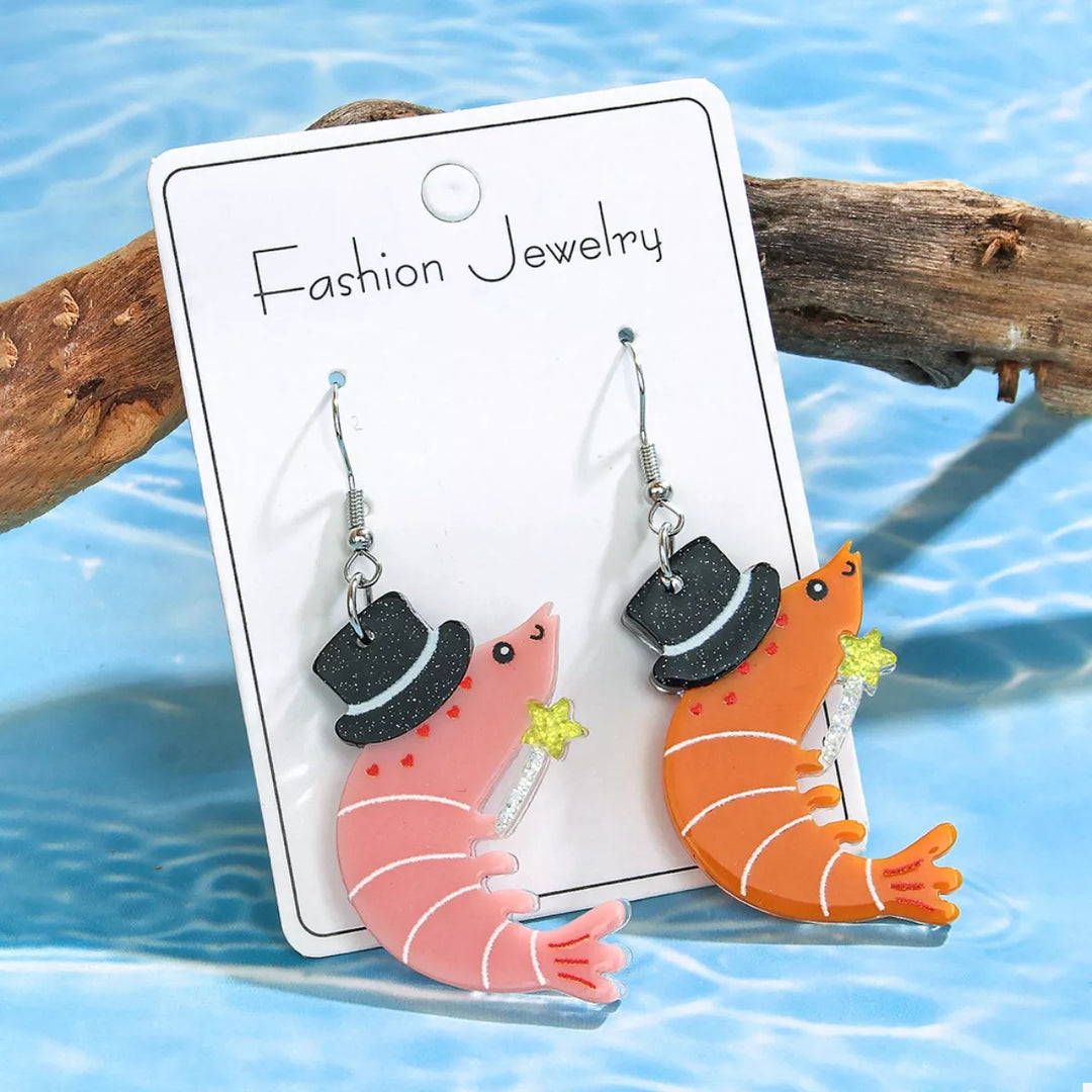 Whimsical Shrimp Earrings with Top Hats