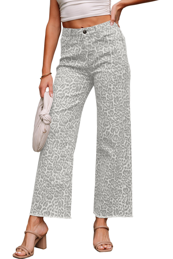 Gray Leopard Frayed Edge Wide Leg High Waist Jeans