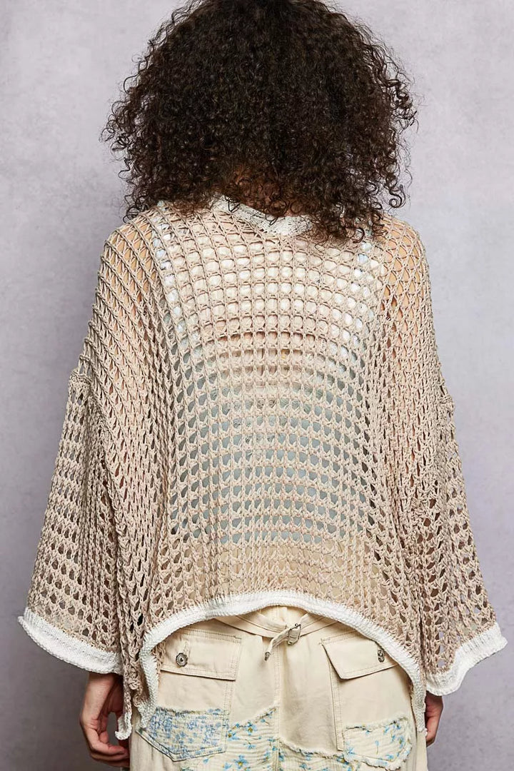 POL Open Front Openwork Cardigan with Contrast Trim