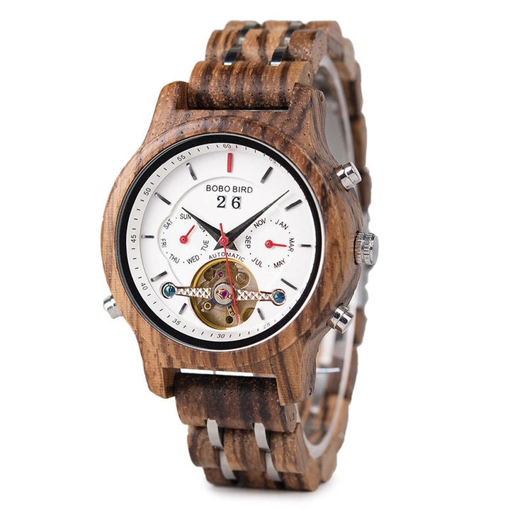 Business Flywheel Mechanical Multi-function Wooden Watch