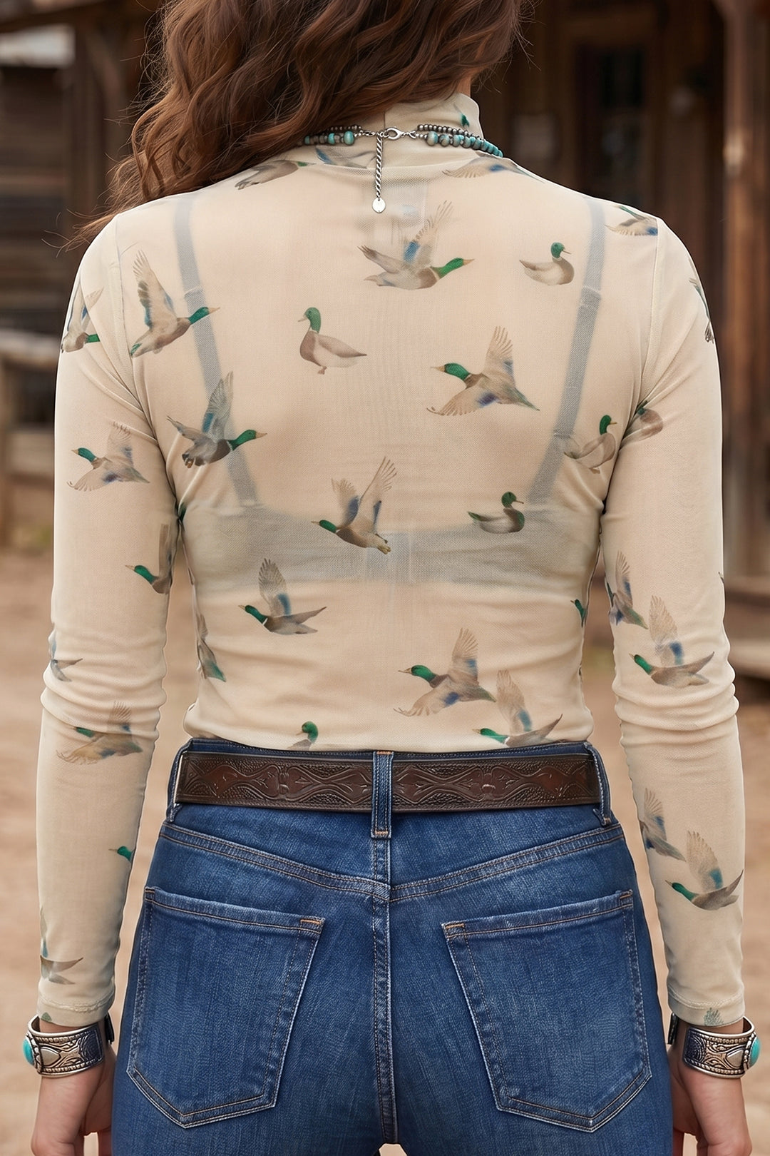 Beige Western Print Mesh High Neck Long Sleeve Sheath Top