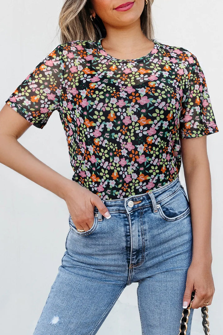 Cami and Sheer Floral Mesh Round Neck Top Set