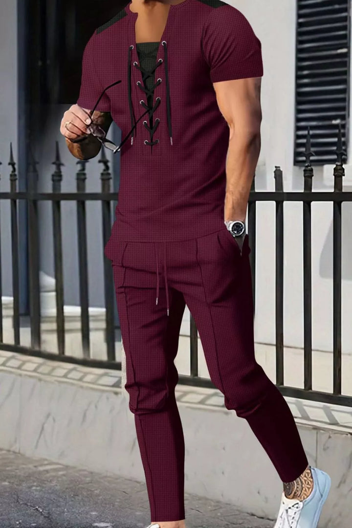 Men's Full Size Lace-Up Front Top and Pants Casual Set Plus Size