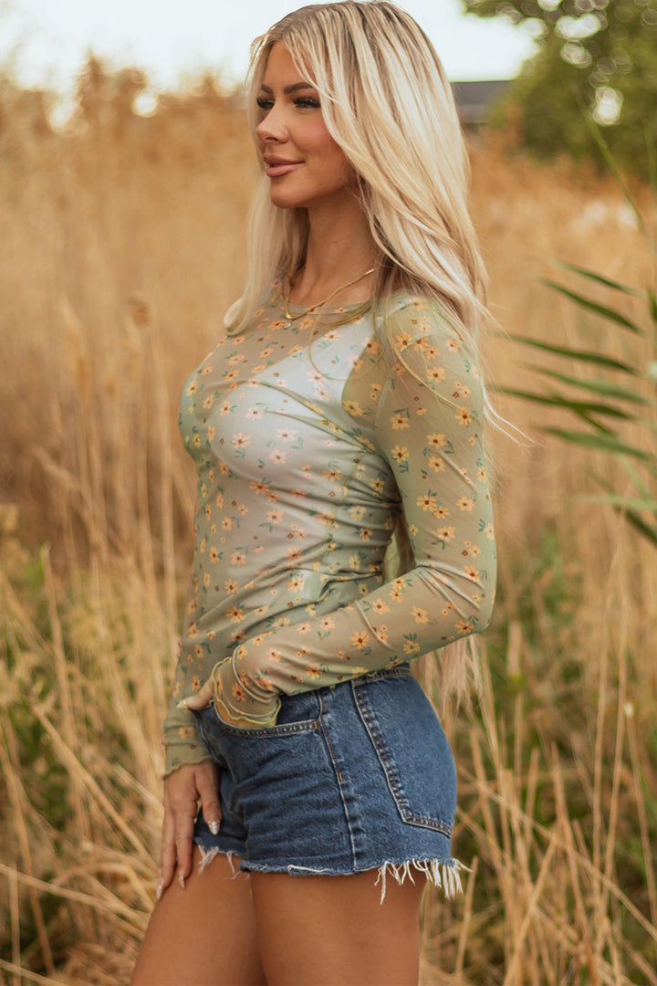 Laurel Green Vintage Floral Print Southern Style Mesh Long Sleeve Top