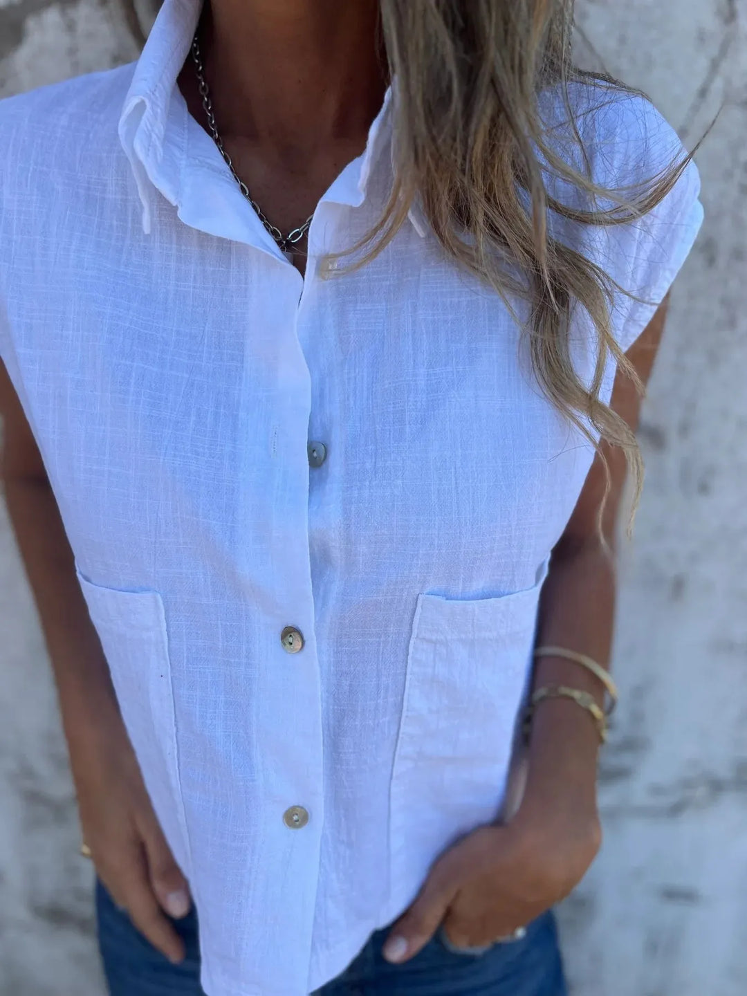Full Size Textured Button-Front Sleeveless Shirt Plus Size