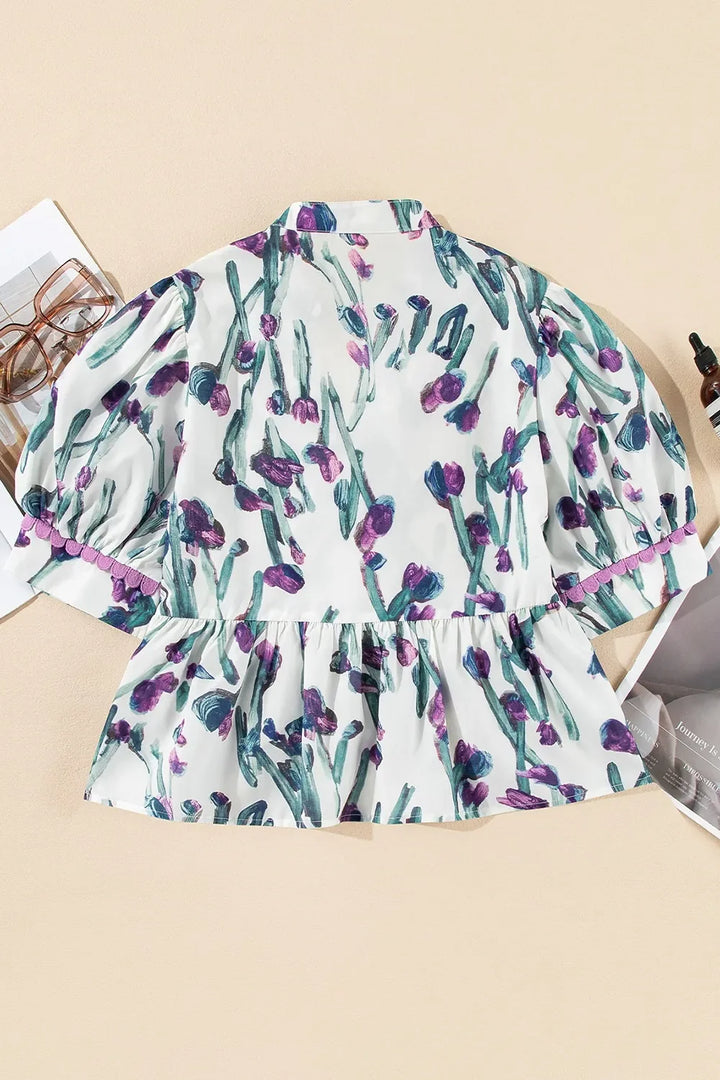 Floral Ricrac Trim Half Sleeve Peplum Top