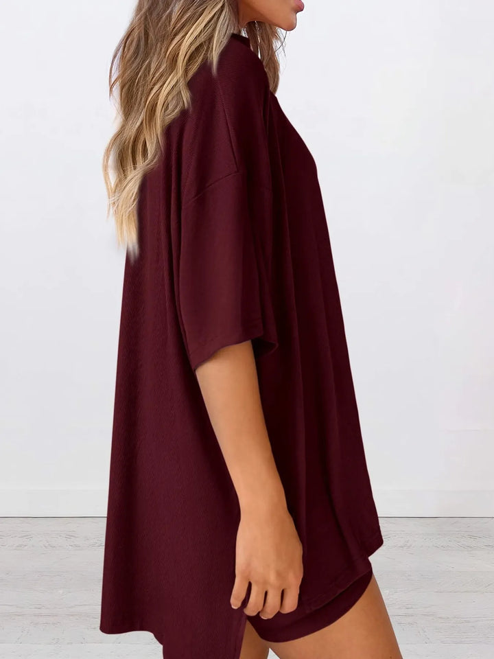 Full Size Oversized Slit Round Neck Top and Shorts Lounge Set Plus Size
