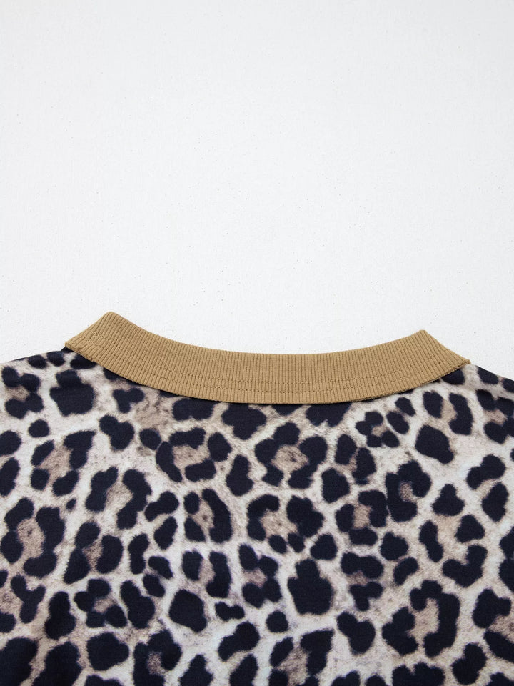 Leopard Print Color Block Round Neck Top