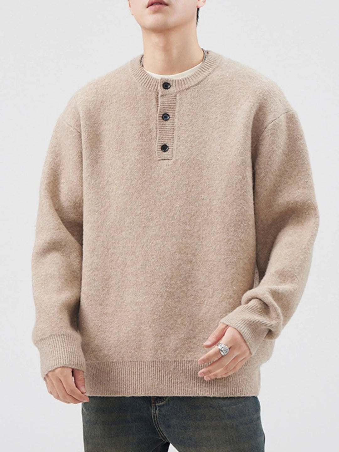 Men's Plus Size Button Detail Ribbed Hem Sweater