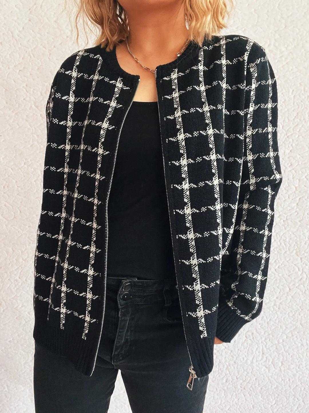 Plaid Pattern Zip Up Cardigan