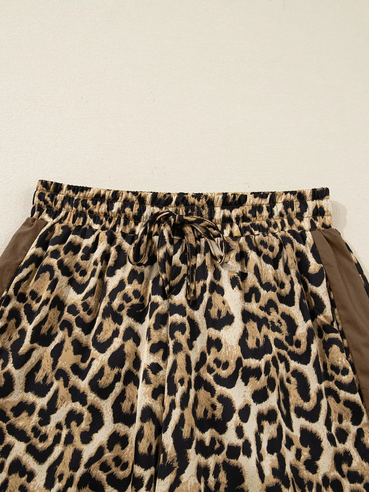 Leopard Collared 3/4 Sleeve Shirt and Loose Pants Two Piece Outfit Set