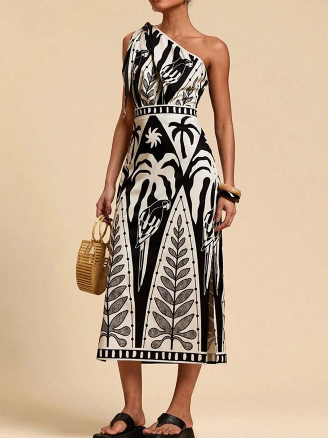 One-Shoulder Tropical Print Midi Dress