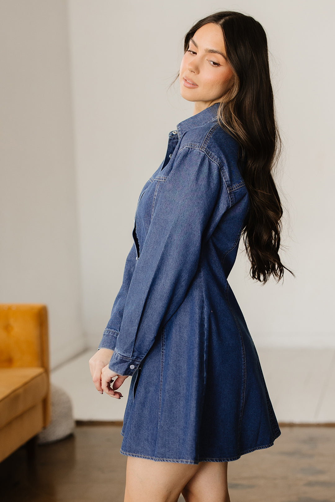 Denim Shirt Collar Long Sleeve Flared Mini Dress
