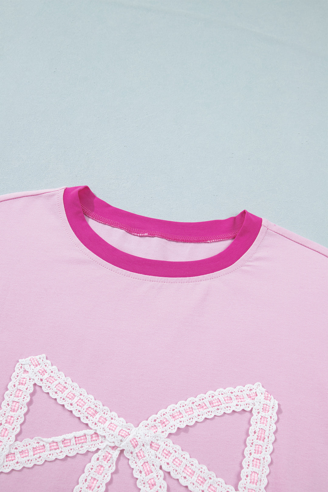 Gossamer Pink Embroidered Bow Detail Color Block Loose Tee