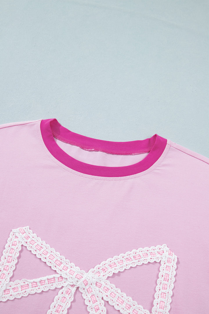 Gossamer Pink Embroidered Bow Detail Color Block Loose Tee