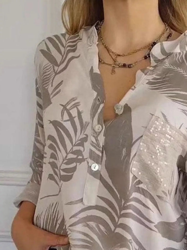 Full Size Printed Button Detail Long Sleeve Blouse Plus Size