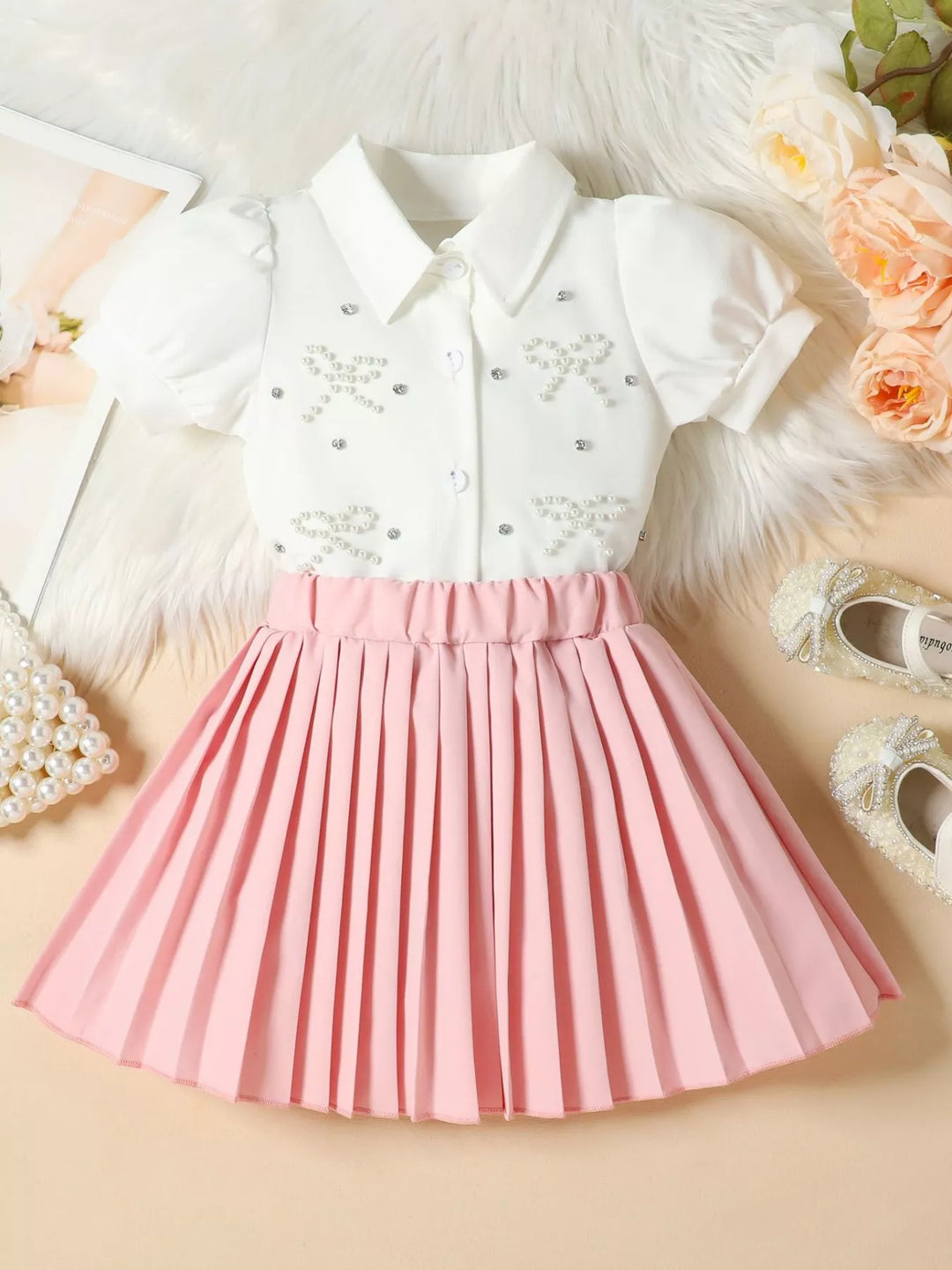 Children's Bow-Embellished Top & Pleated Skirt Set