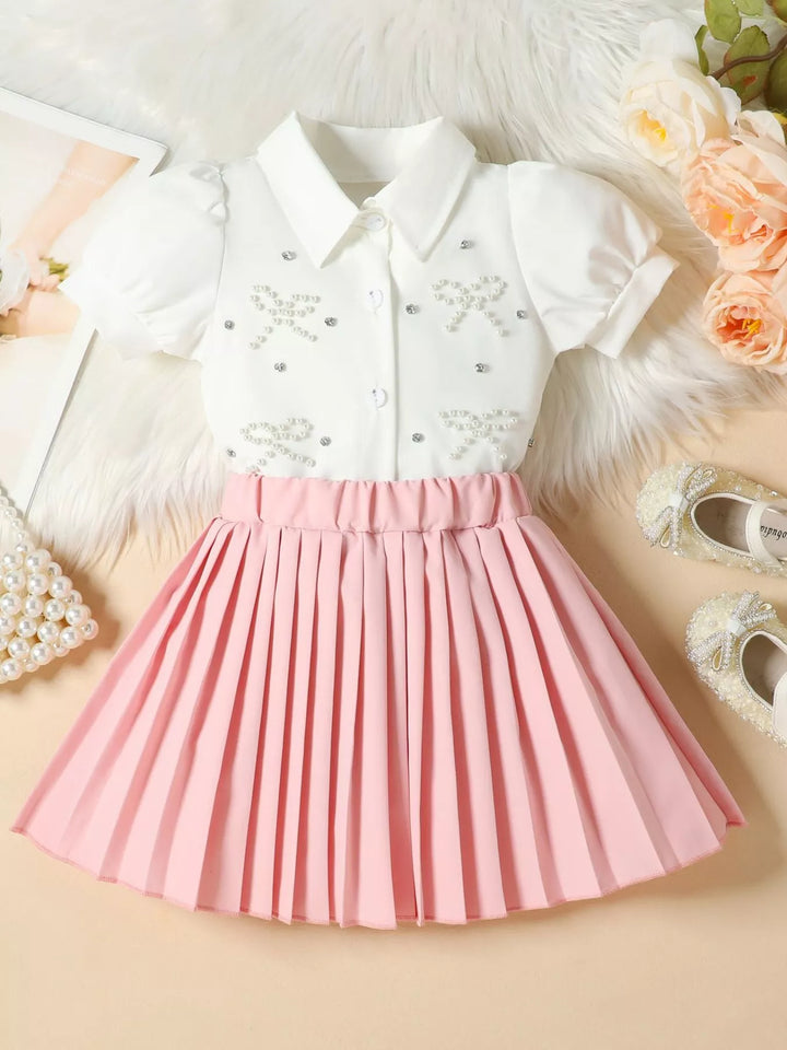 Children's Bow-Embellished Top & Pleated Skirt Set