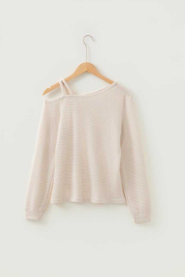 Jet Stream Solid Color Textured Knit Asymmetric Shoulder Long Sleeve Top