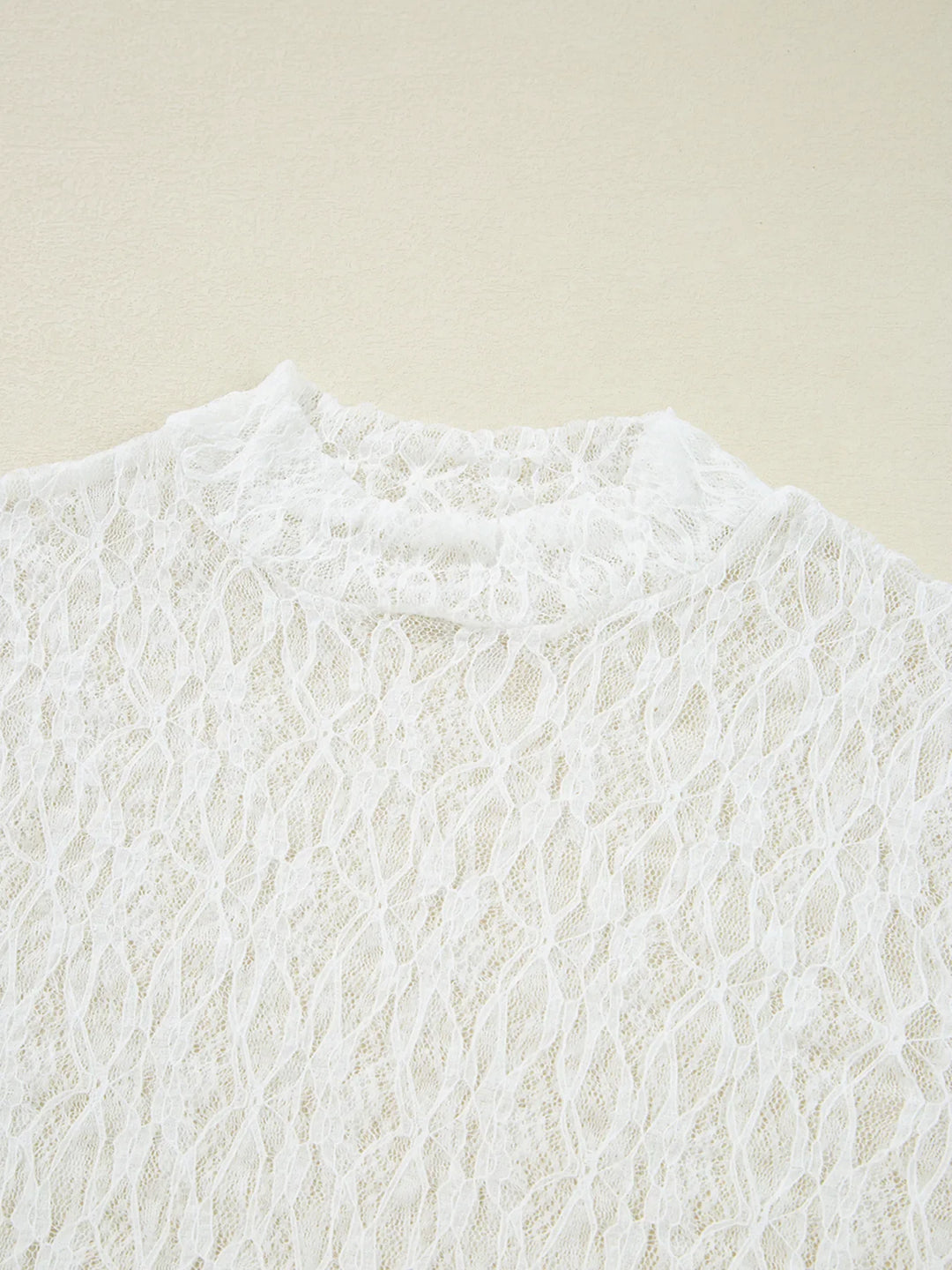 Sheer Lace Bell Sleeve Mock Neck Blouse