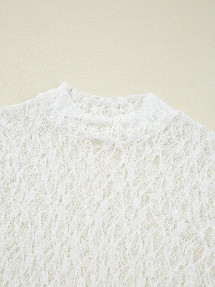 Sheer Lace Bell Sleeve Mock Neck Blouse