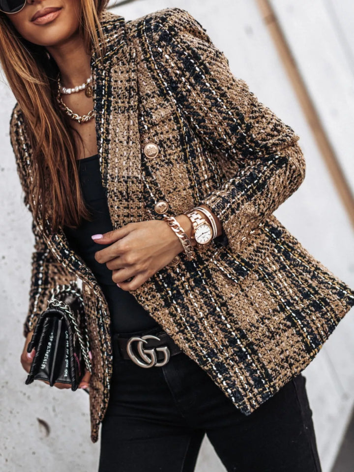 Full Size Plaid Tweed Double-Breasted Blazer Plus Size