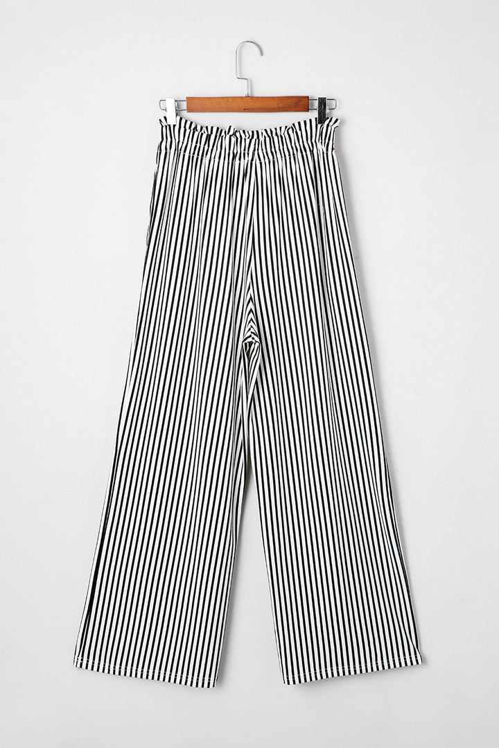 Black Stripe Tied High Waist Loose Straight Casual Pants