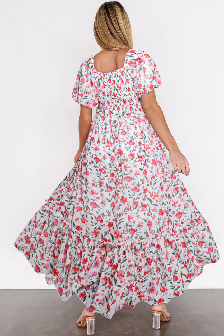 Pink Floral Puff Sleeve Square Neck Empire Waist Tiered Maxi Dress