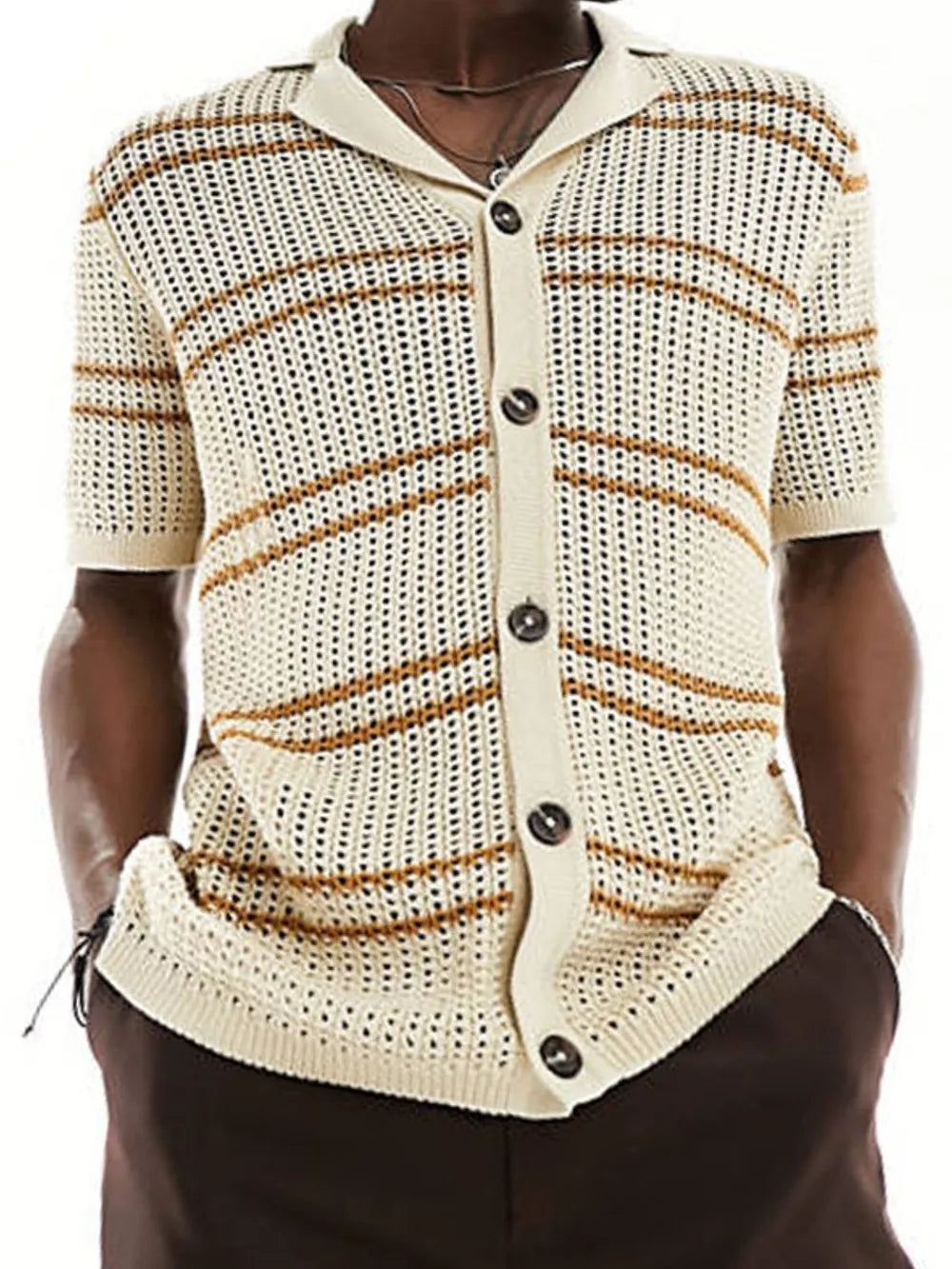 Men's Striped Collared Neck Hollow Out Shirt