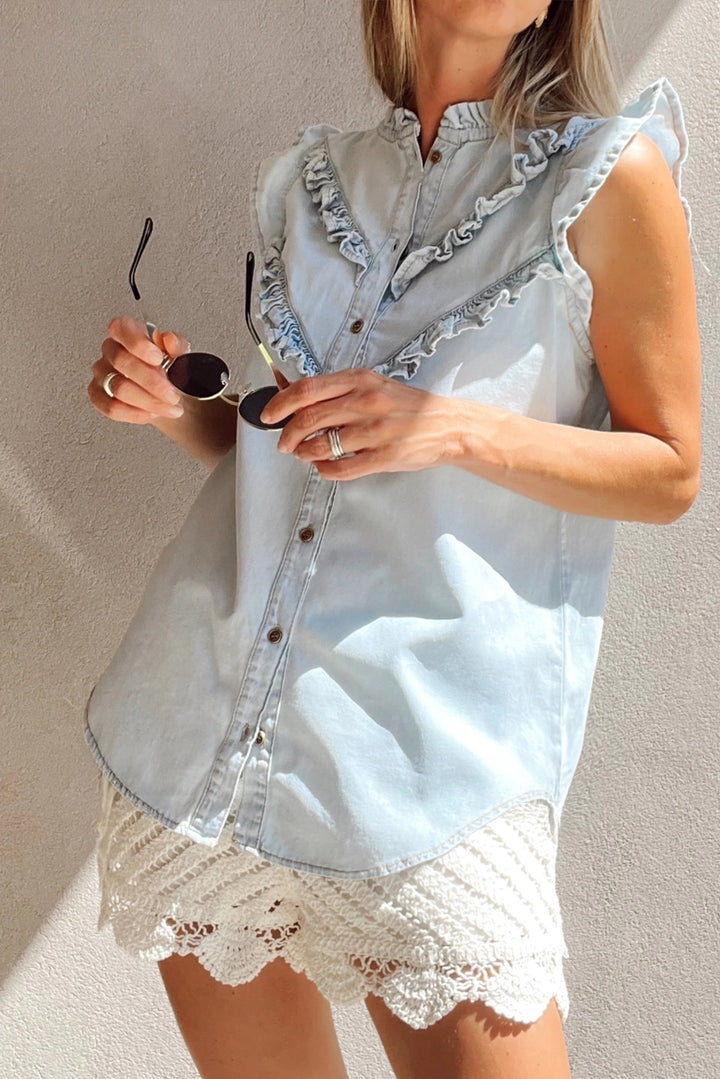 Beau Blue Mineral Wash Cap Sleeve Frilled Button Up Denim Shirt