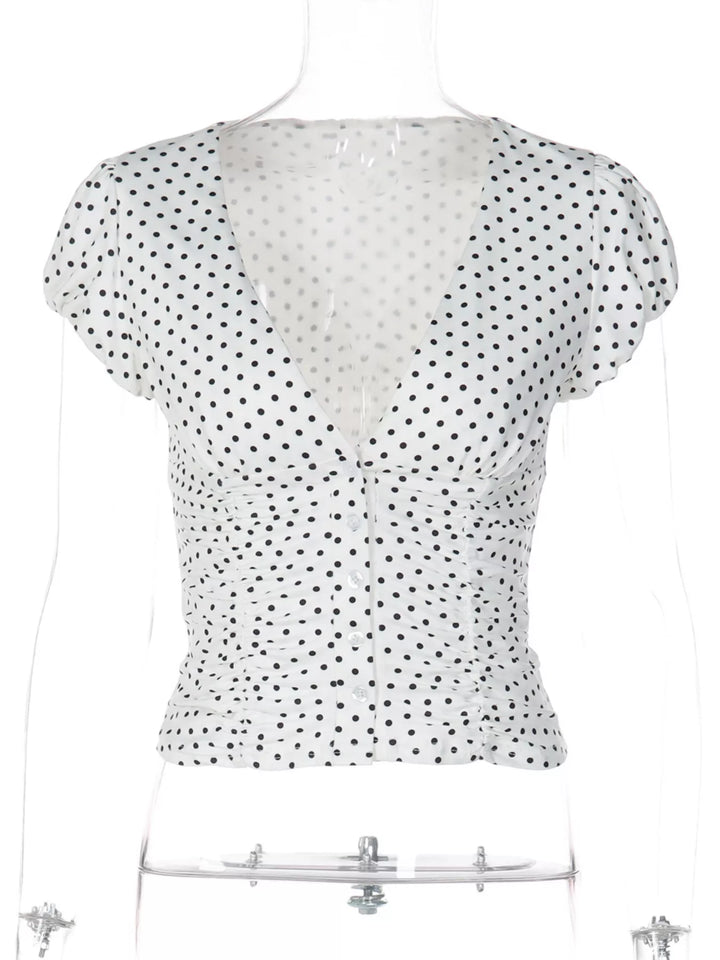 Polka Dot Ruched V-Neck Top