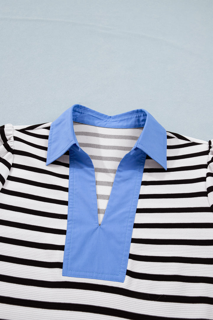 Black Stripe Short Puff Sleeve Color Block Polo Collar Blouse