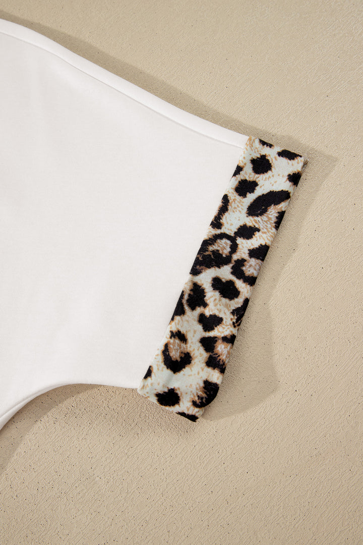 White Contrast Leopard Bow Patched Short Sleeve T Shirt Long Dress